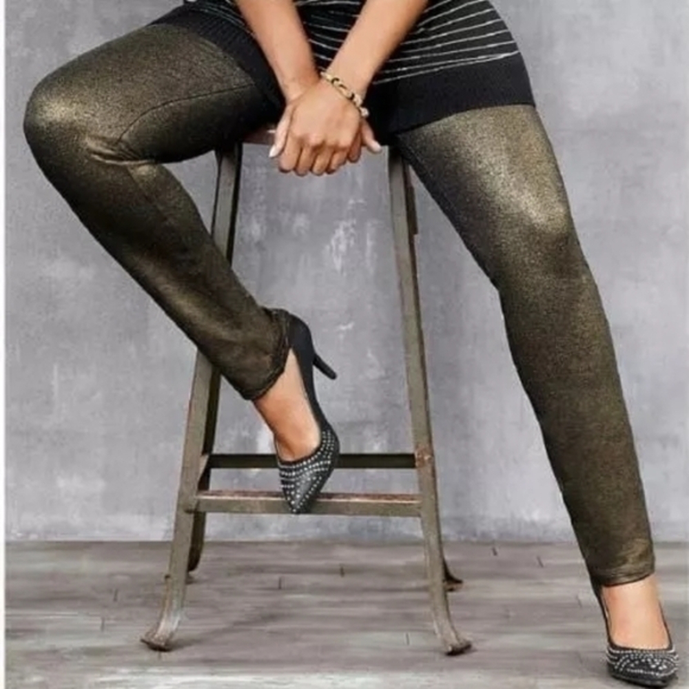 LANE BRYANT GOLD METALLIC STRETCH SKINNY PANTS SZ 18